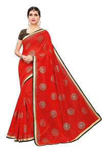 Thumbnail for Vamika Chanderi Cotton Foil Print Red Sarees