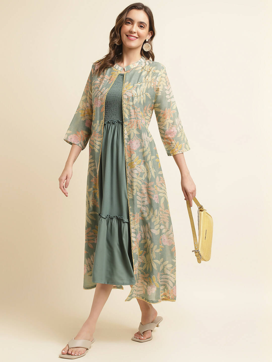 Green Cotton Solid Flared Dress with Printed Shrug - Yukti - Distacart