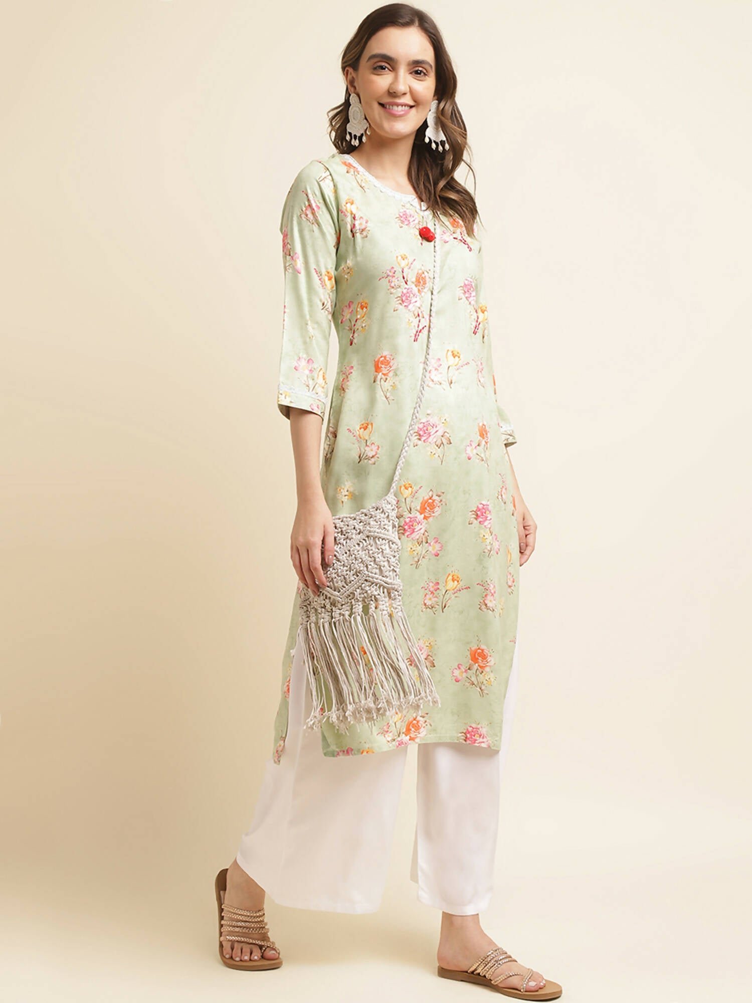 Green Poly Rayon Floral Printed Straight Kurta - Prasuti - Distacart