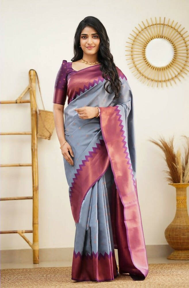 DEIANA'S Beautiful Golden Jari with New Design Soft Lichi Silk Saree - Grey - Distacart