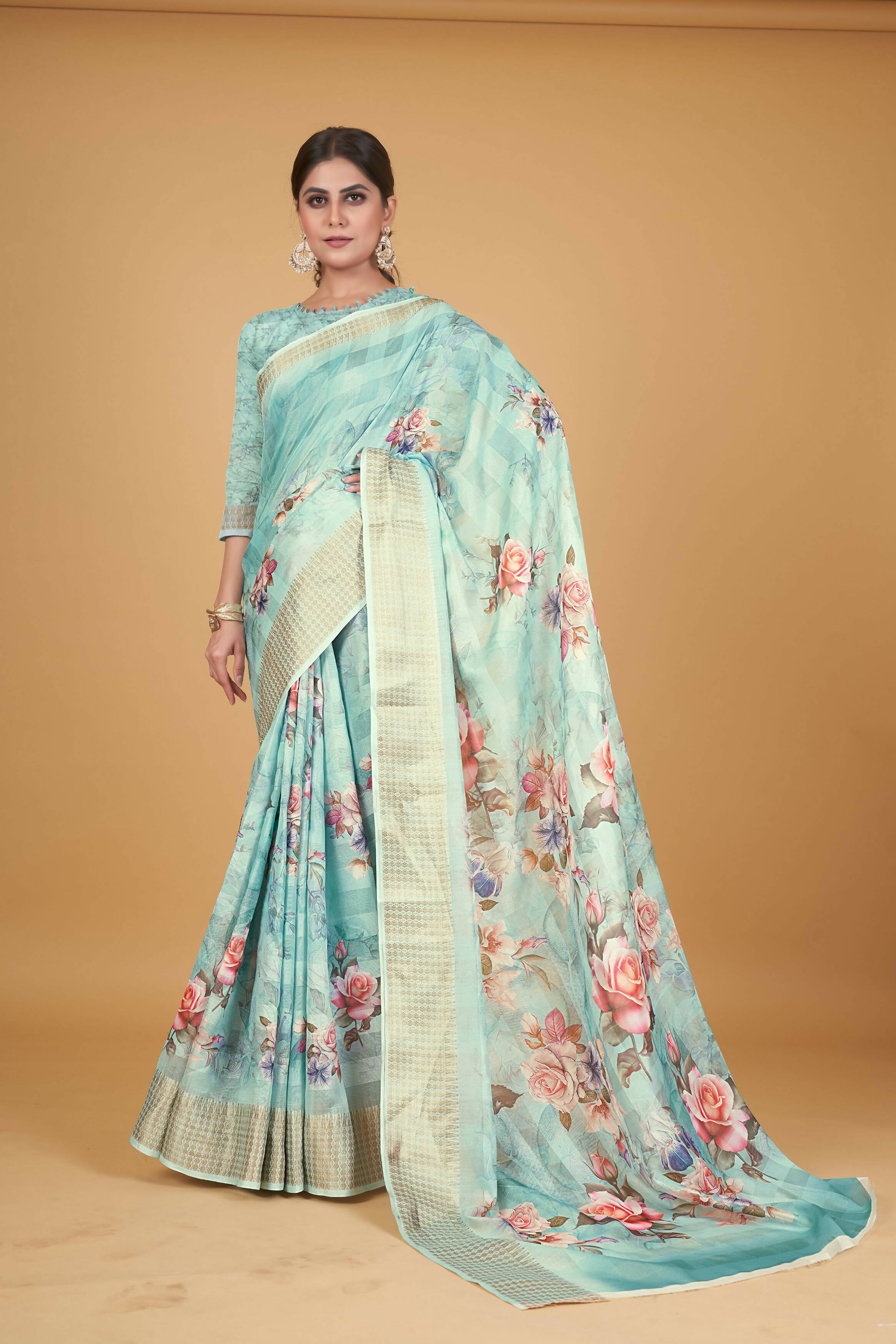 Blue Cotton Silk Digital Printed Saree With Unstitched Blouse Piece - Alisha - Distacart