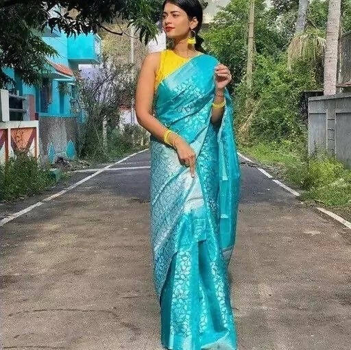 DEIANA'S Beautiful Golden Jari with New Design Soft Lichi Silk Saree - Sky - Distacart