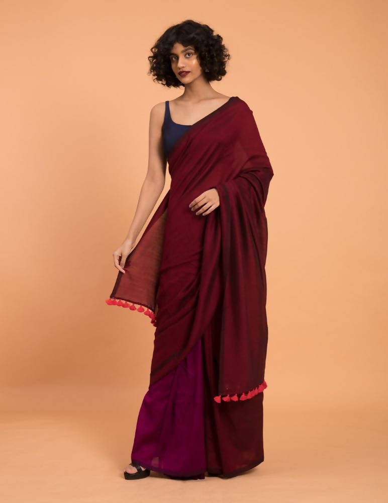 Suta Purple Maroon Colourblocked Cotton Acrylic Saree - Distacart