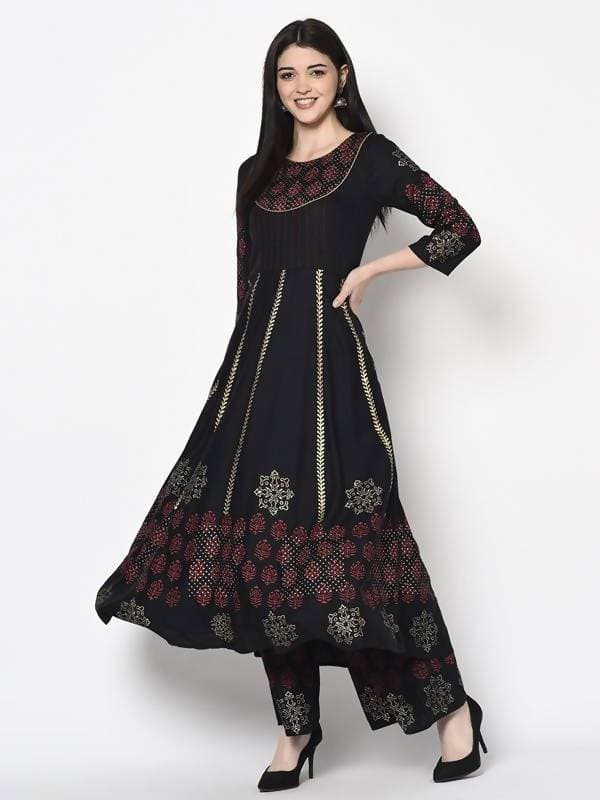 Aniyah Rayon Black Color Block Print Anarkali Palazzo Set (AN-186K)