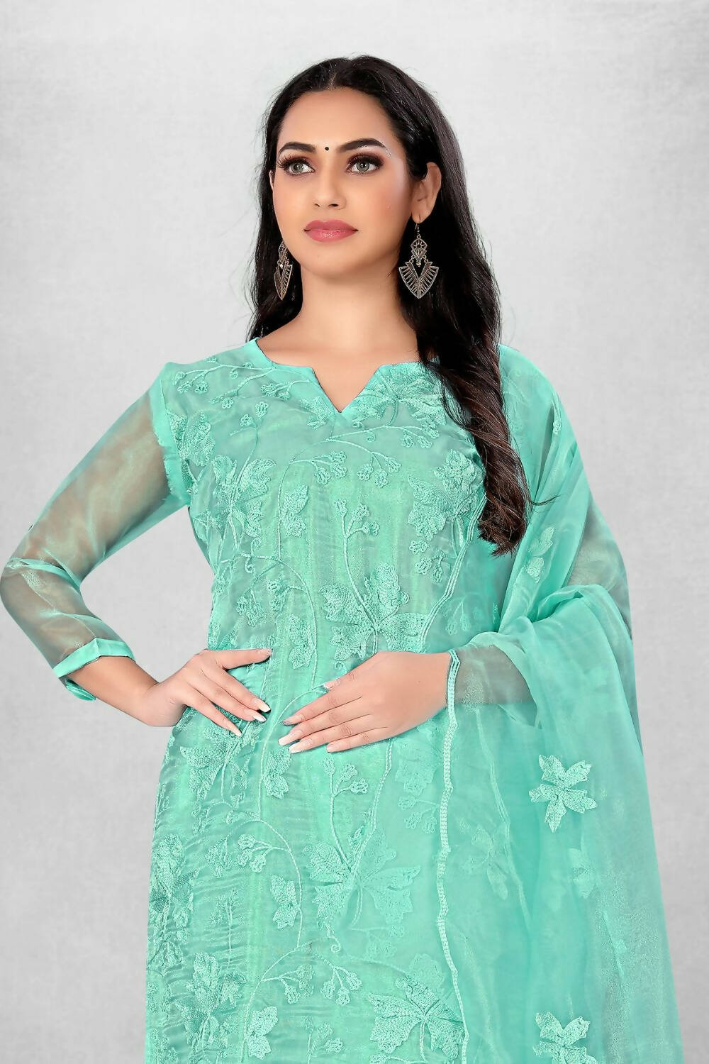 Sky Blue Heavy Organza Silk Embroidered Unstitched Dress Material - Amara - Distacart