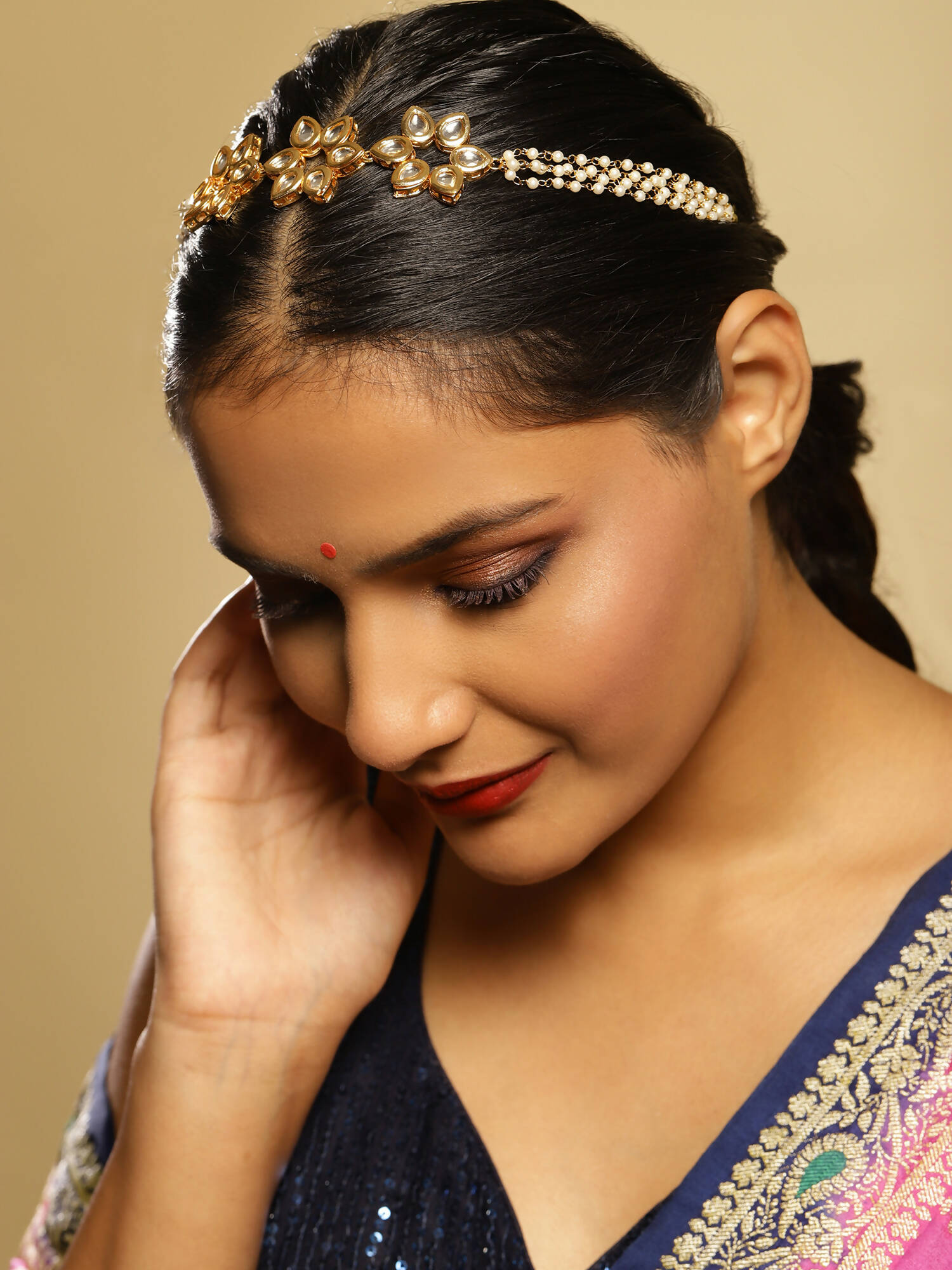 Gold-Plated White Kundan-Studded Pearl Beaded Hair Band - Ruby Raang - Distacart