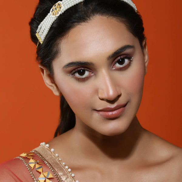 Gold-Plated White Kundan Studded Headband - Ruby Raang - Distacart