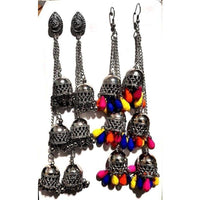 Thumbnail for Oxidised Silver Kashmiri Triple Jhumki Earrings