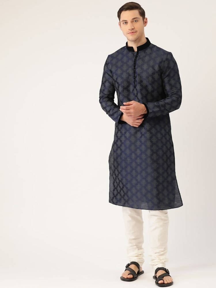 Manyavar Men Navy Blue & Off-White Printed Kurta with Churidar - Distacart