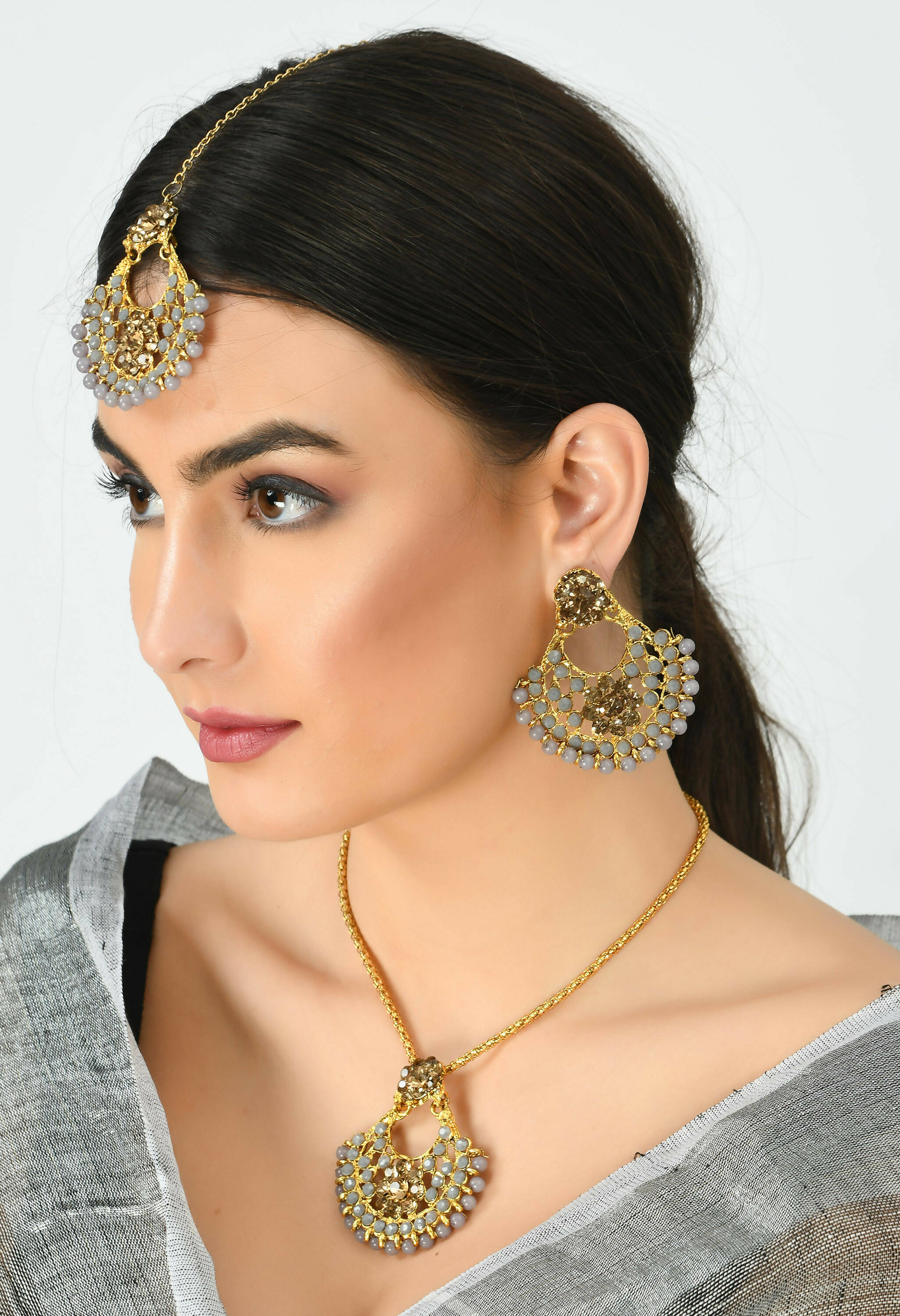 Mominos Fashion Johar Kamal Gold-Plated Brass Finish Long Necklace For Women (Golden/Grey) - Distacart