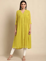 Thumbnail for Janasya Mustard Yellow Dobby Weave Poly Chiffon Kurta - Distacart