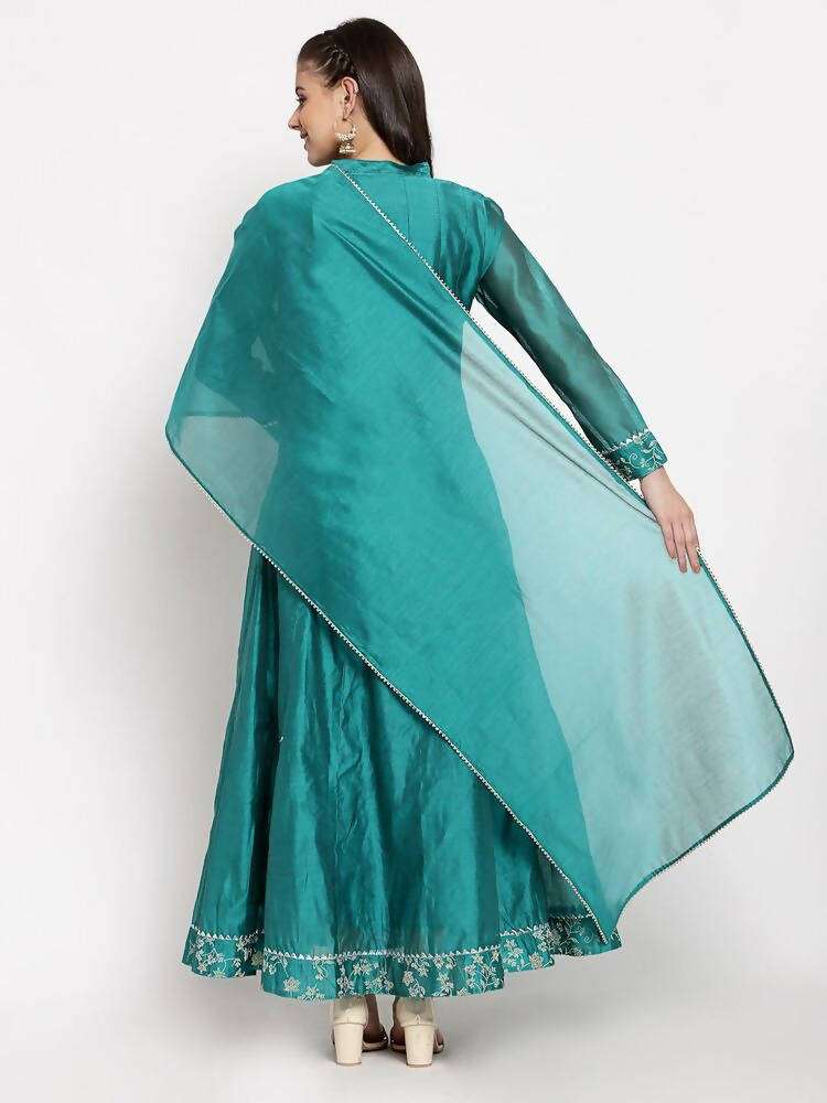 Myshka Women's Green Silk Solid Full Sleeve Mandarin Neck Casual Anarkali Gown