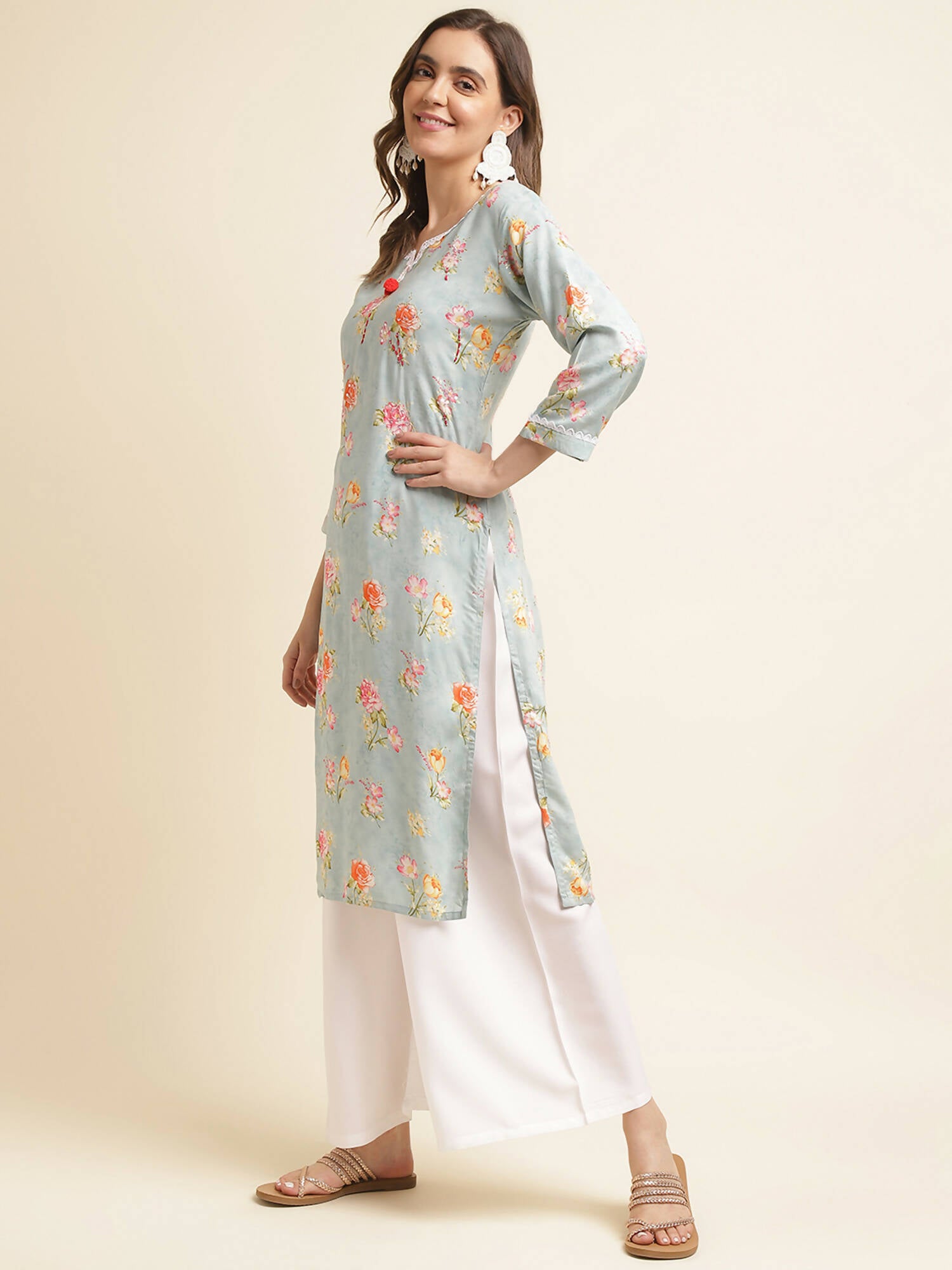 Blue Poly Rayon Floral Printed Straight Kurta - Prasuti - Distacart