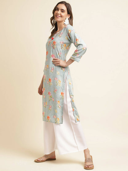 Blue Poly Rayon Floral Printed Straight Kurta - Prasuti - Distacart