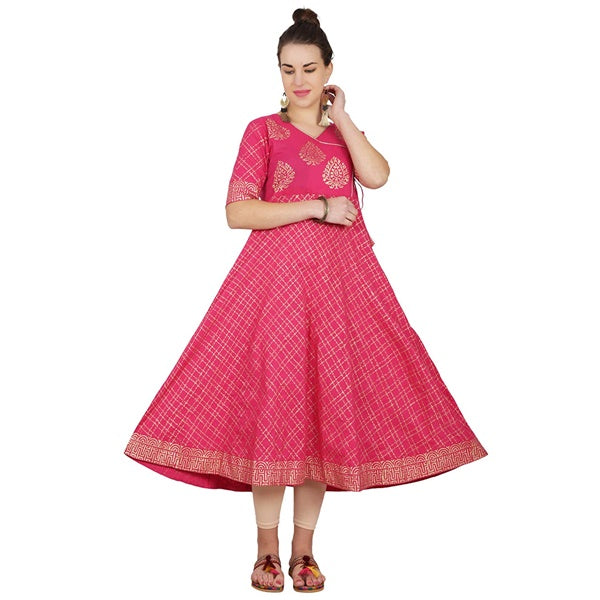 Cheera Angrakha Checkered Foil Printed Kurta With Doori Tassels