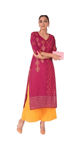 Cheera Hand Block print straight Kurta with Palazzo In Magenta & Mustard