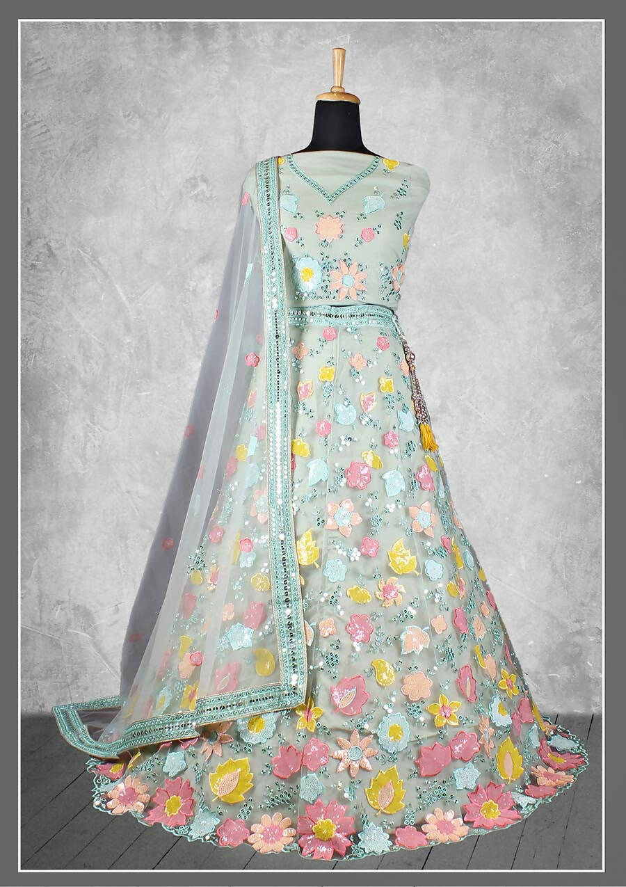 Sea Green Net, Satin Silk Cord And Sequins Floral Embroidery Semi-Stitched Lehenga Choli - Nimaya Kangan - Distacart