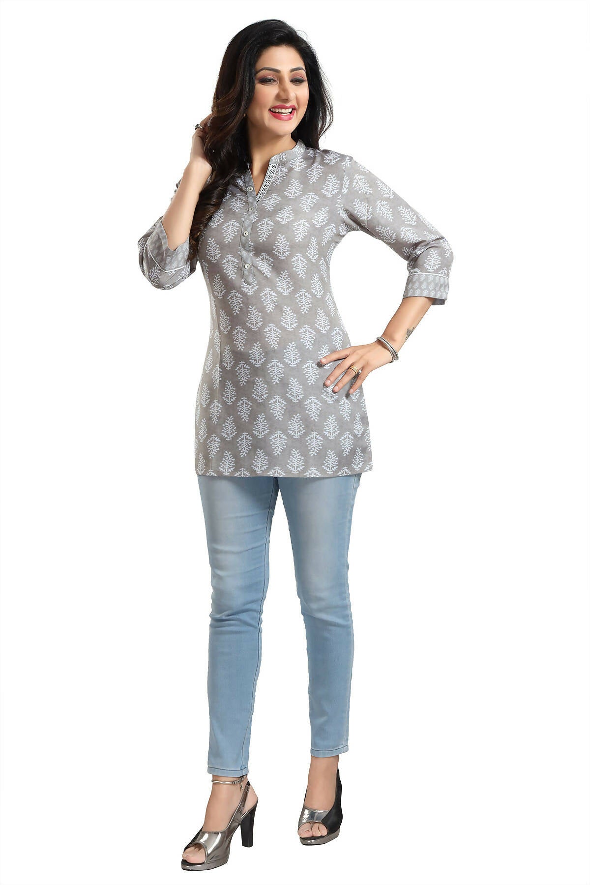 Snehal Creations Gracious Gray Rayon Short Kurti Tunic Top - Distacart