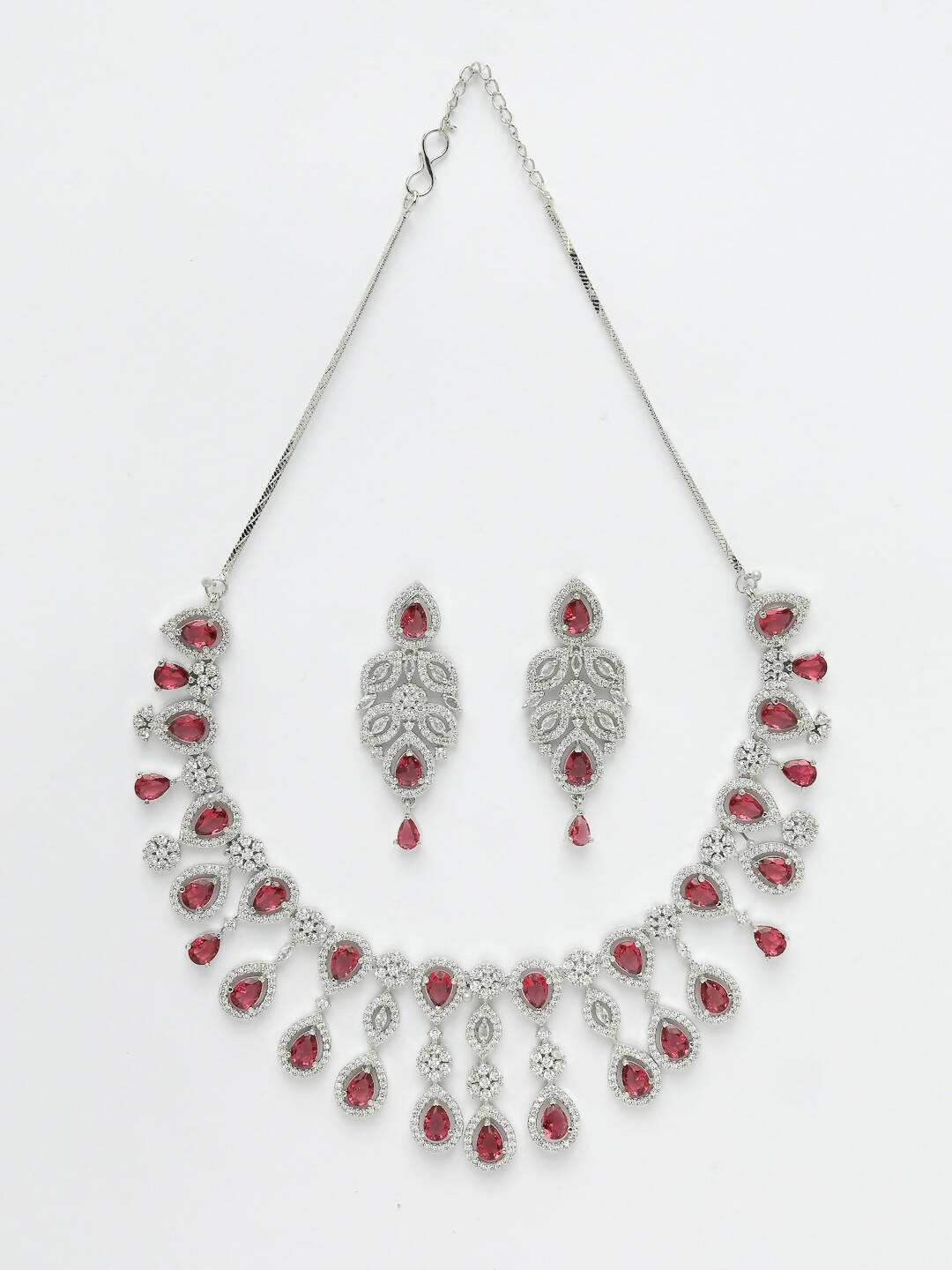 NVR Women Silver Plated & Maroon Cz Stone Handcrafted Jewellery Set - Distacart
