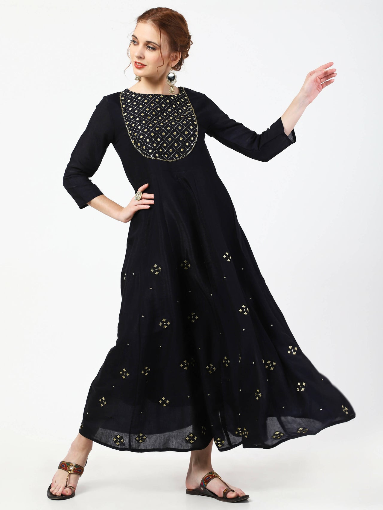 Cheera Embellished Party Wear Anarkali Dress with Dupatta - Black - Distacart