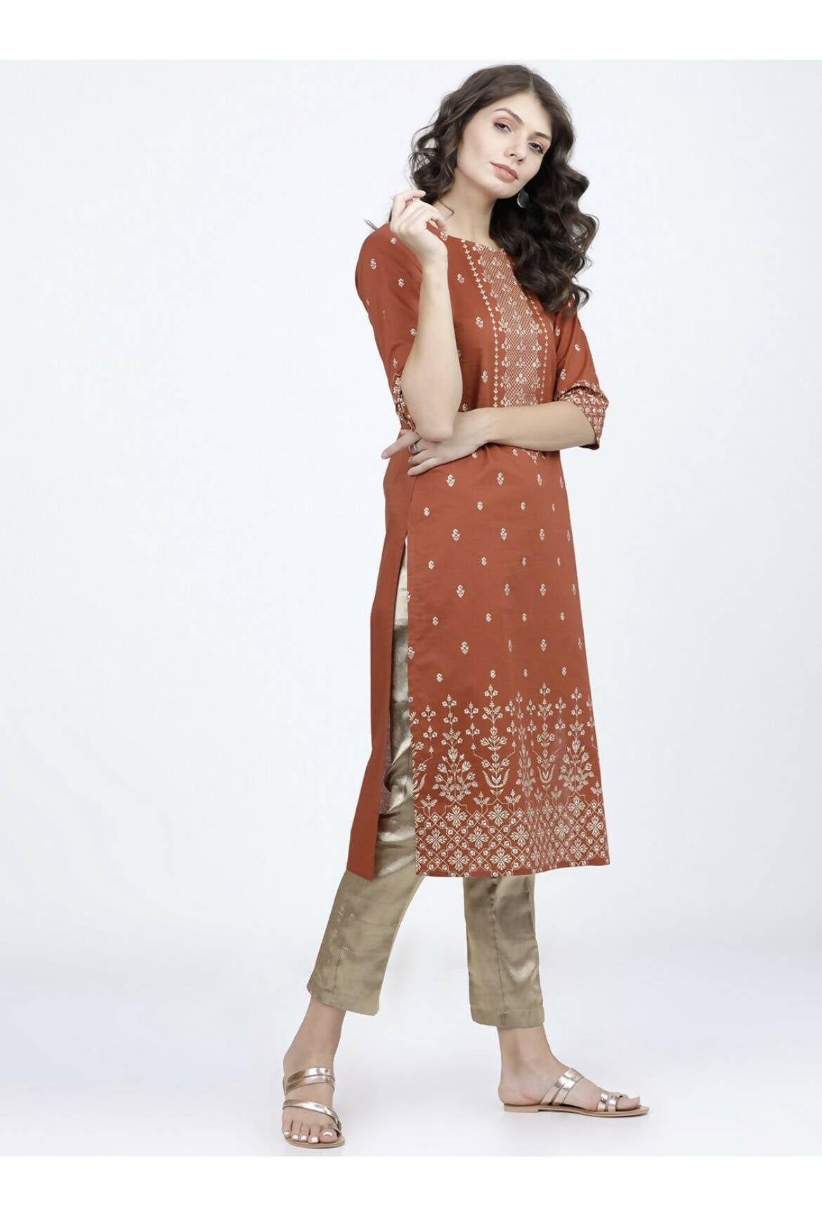 Cheera Embellished Daily Wear Cotton Blend Kurta - Brown - Distacart