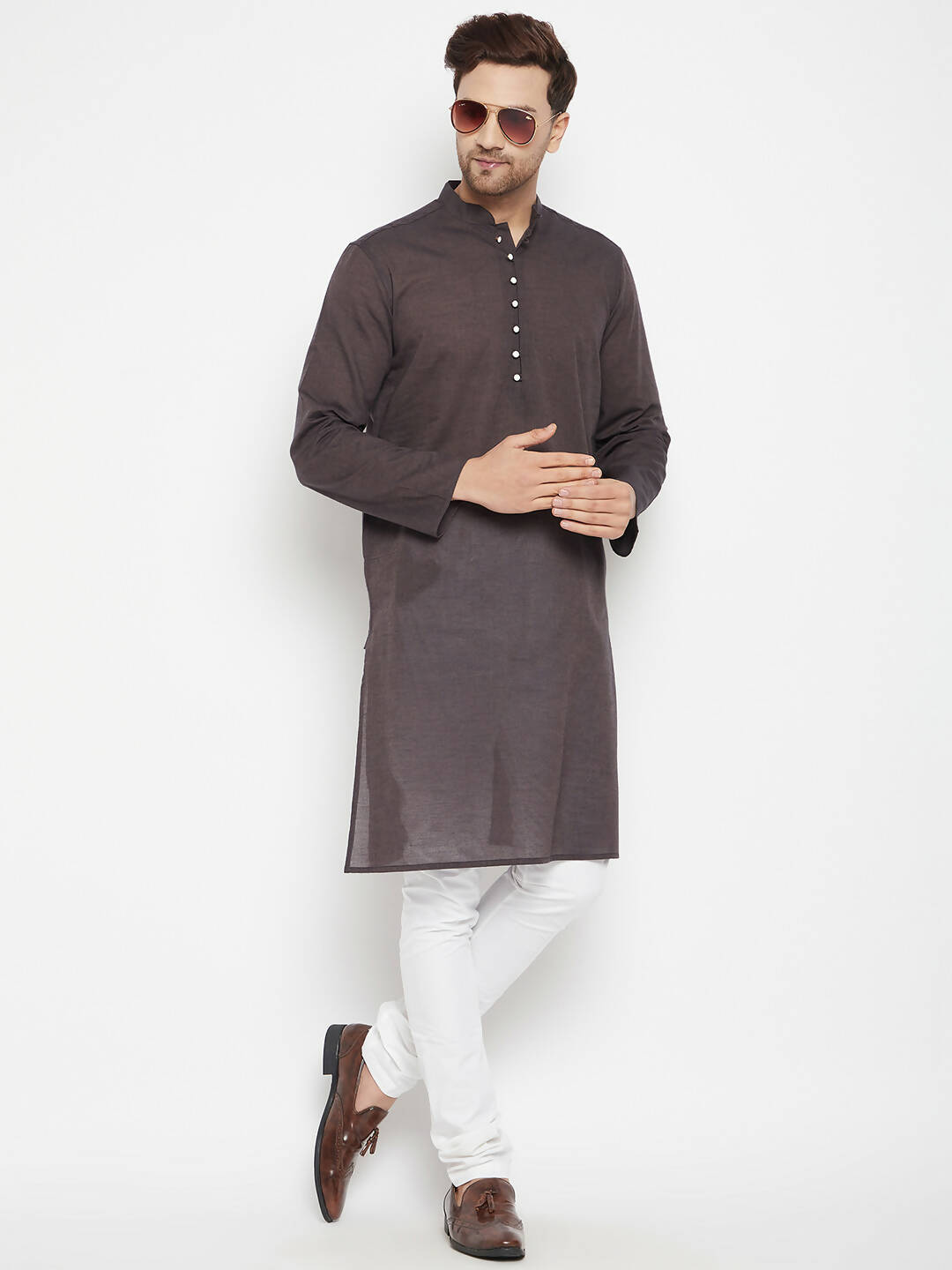 Even Apparels Brown Pure Cotton Long Men's Kurta With Band Collar - Distacart
