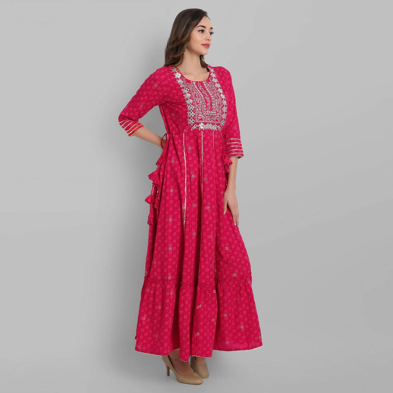 Juniper Fuchsia Rayon Festive Wear Embroidered Tiered Long Dress - Distacart