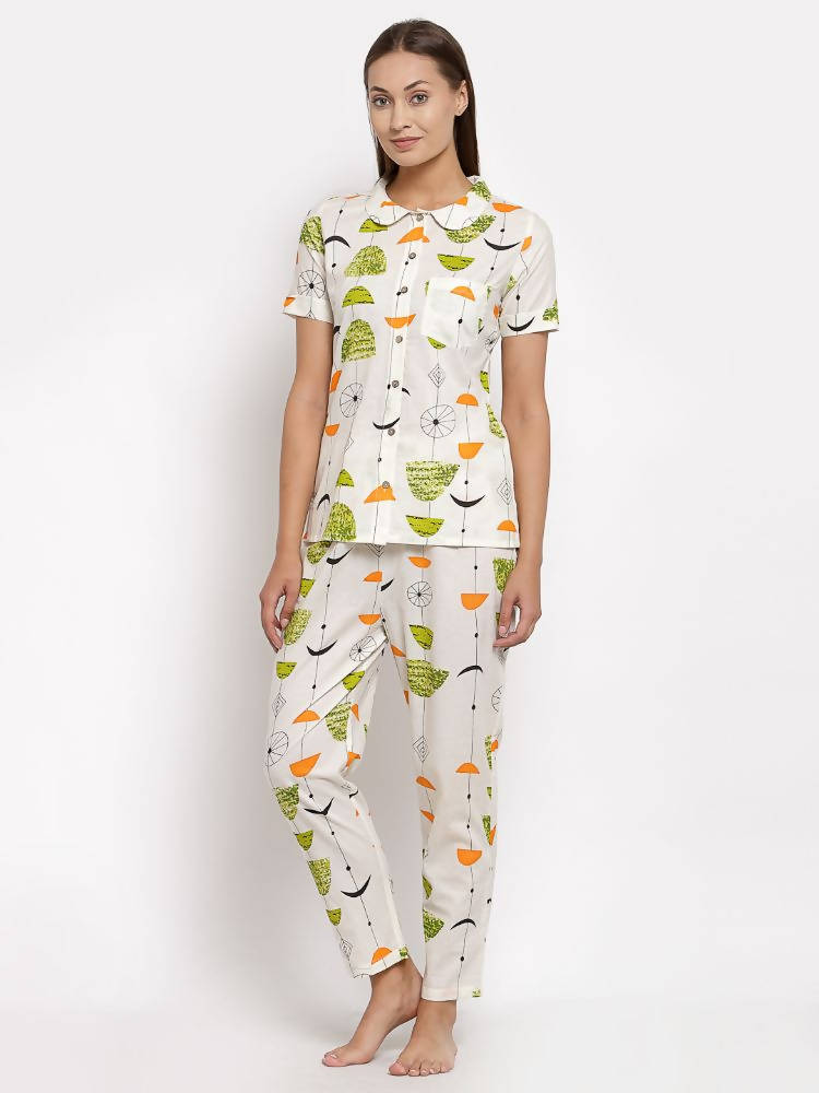 Myshka Women's Multi Cotton Printed Half Sleeve Collar Neck Casual Night suit