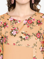 Thumbnail for Janasya Peach-Coloured & Green Floral Printed Bell Sleeves Kurta - Distacart