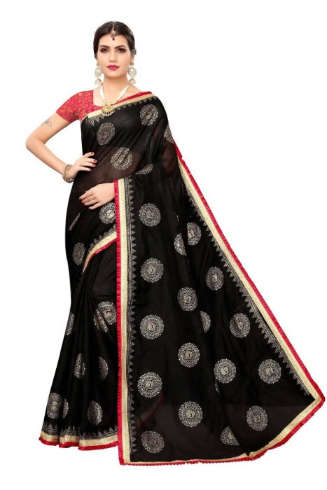 Vamika Chanderi Cotton Foil Print Black Saree (GOLDEN BIRD BLACK)