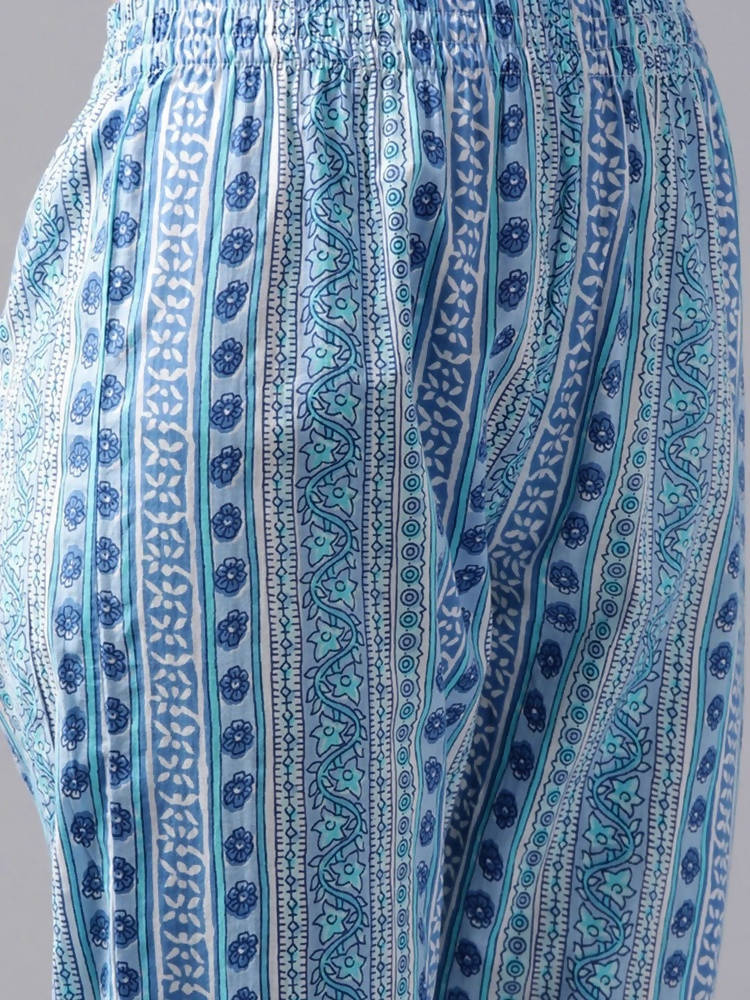 Yufta Women White & Blue Ethnic Hand Block Print Pure Cotton Kurta with Trouser & Dupatta