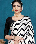 Thumbnail for Black Japan Satin Stripe Printed Saree With Unstitched Blouse Piece - Laavanya - Distacart