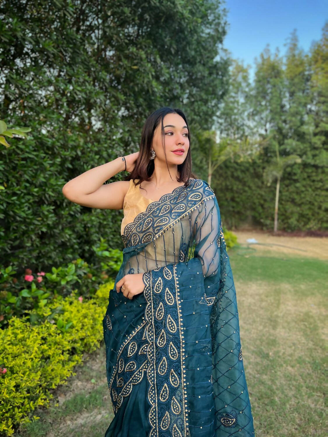 Vamsee Sky Organza Saree - Distacart