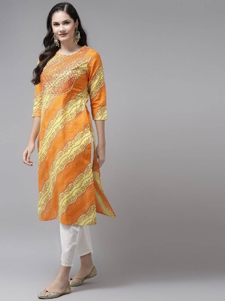 Yufta Women Yellow & White Bandhani Printed Kurta with Trouser