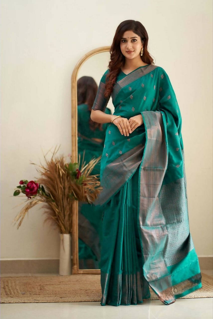 DEIANA'S Beautiful Golden Jari with New Design Soft Lichi Silk Saree - Rama - Distacart