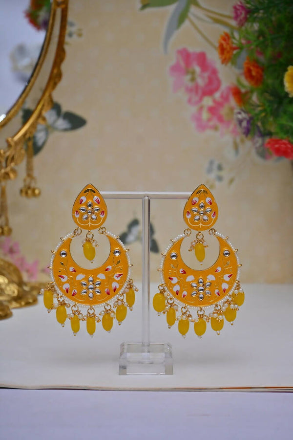 Gold Plated Brass & Pearl Dangle Women Yellow Hand Painted Meenakari Chandbali Earrings By House of Ree - Distacart