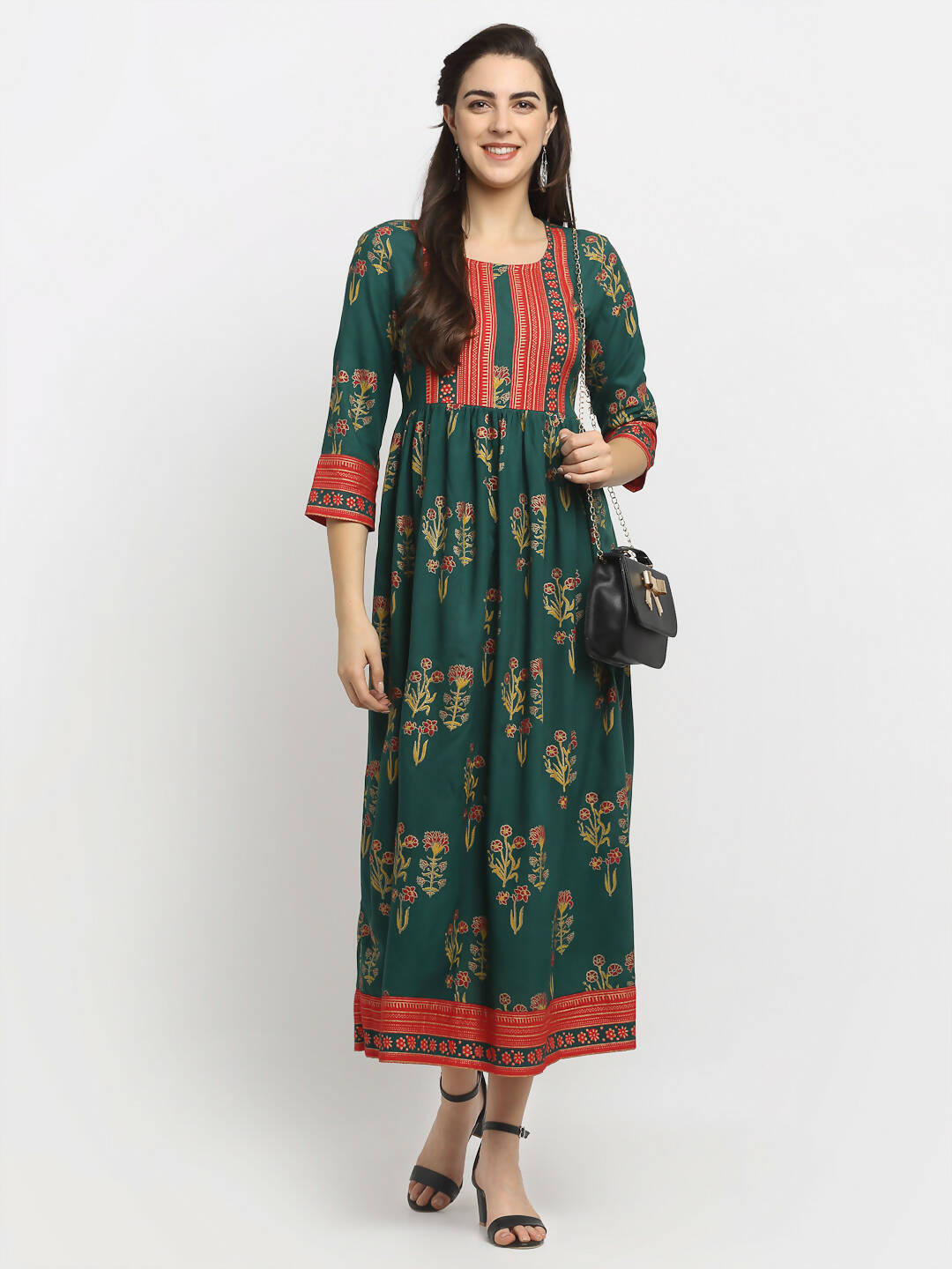 Rudra Bazaar Green Yoke Designed Flared Ethnic Kurta - Distacart