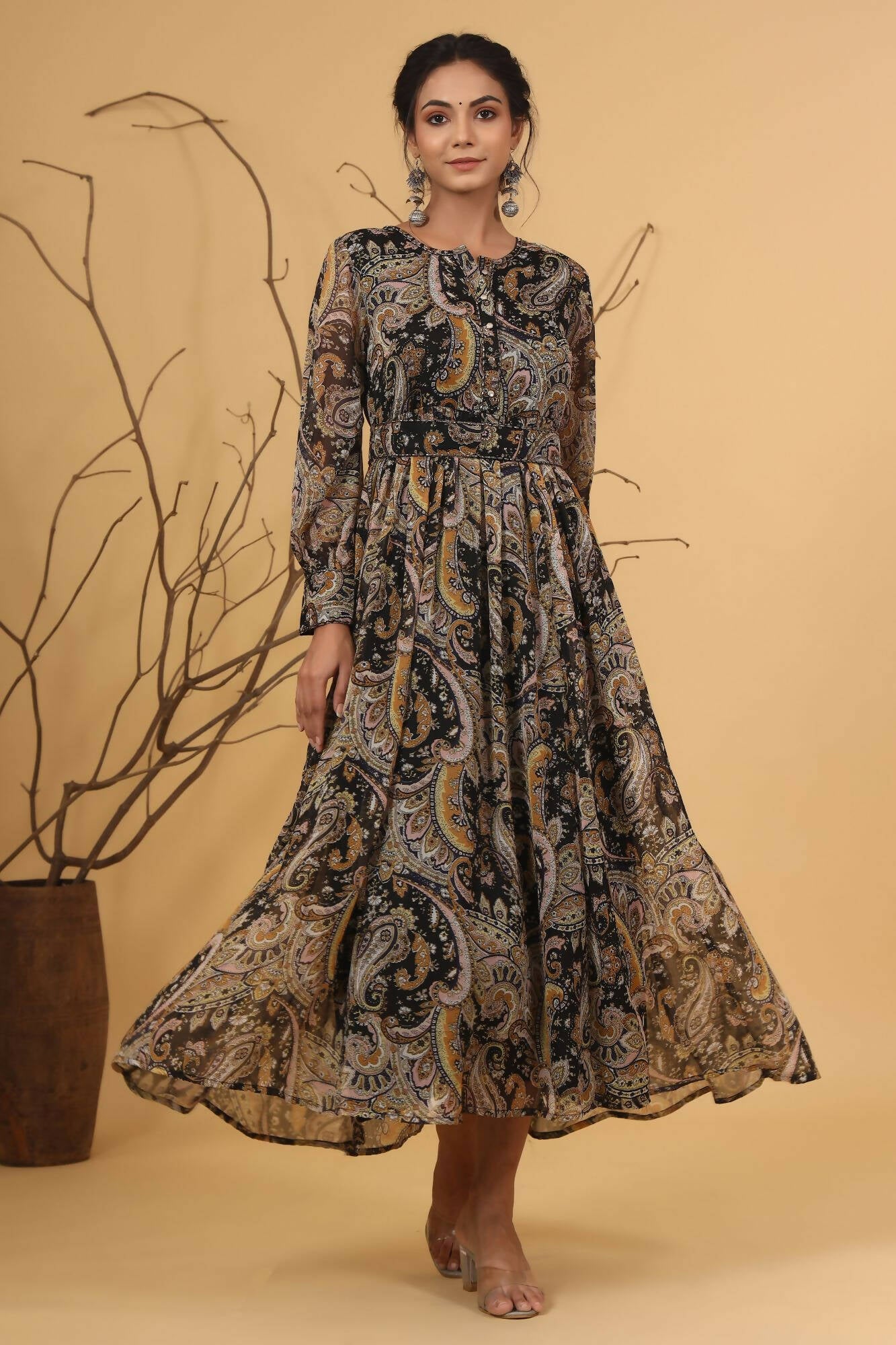 Juniper Women Black Chiffon Printed Flared Dress - Distacart