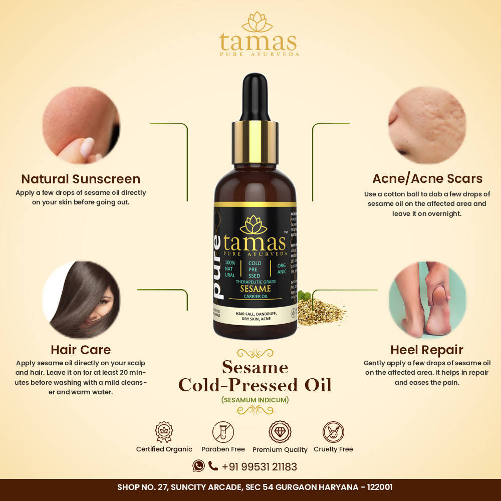Tamas Pure Ayurveda 100% Organic Sesame Cold Pressed Carrier Oil- USDA Certified Organic- 30ML - Distacart