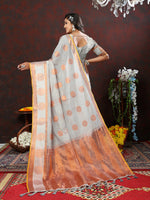 Thumbnail for Lorenvalley Fashion Grey Cotton with Woven Design Zari Weaving Saree - Distacart