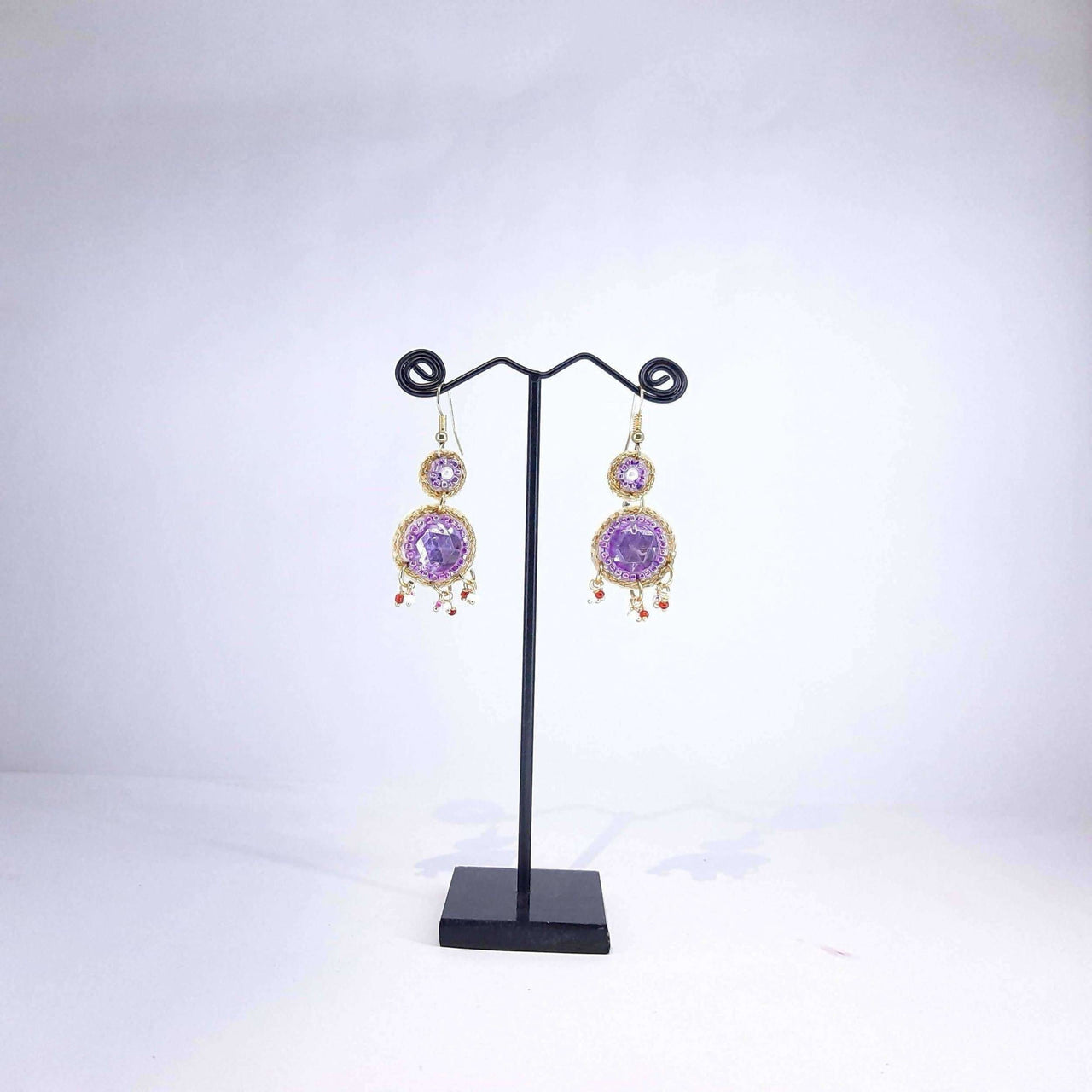 Hand Weaved Earrings Purple Crystal Stone