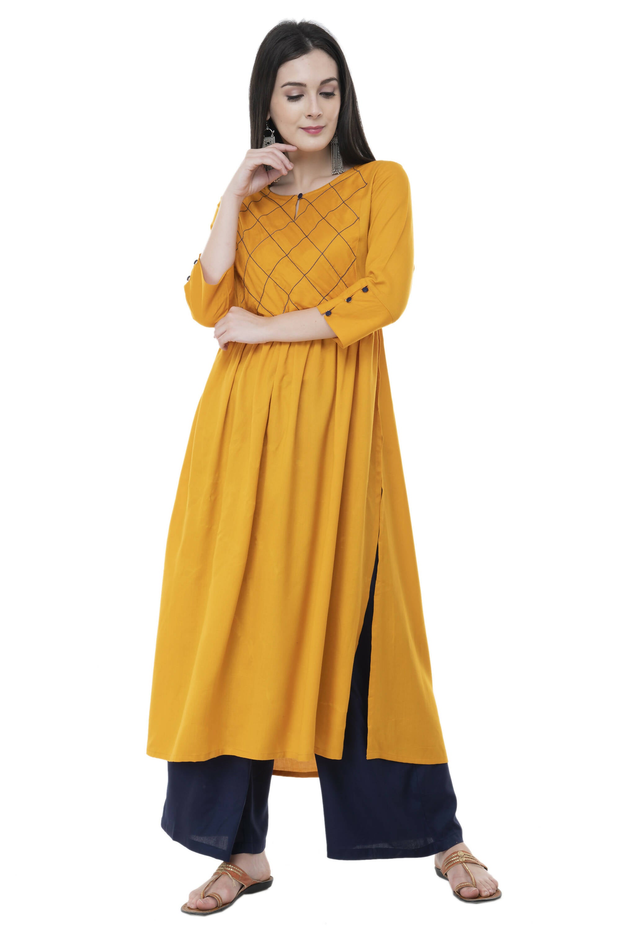 Women's Mustard Thread Work Emb Kurti With Side Slits - G & A Apparels - Distacart