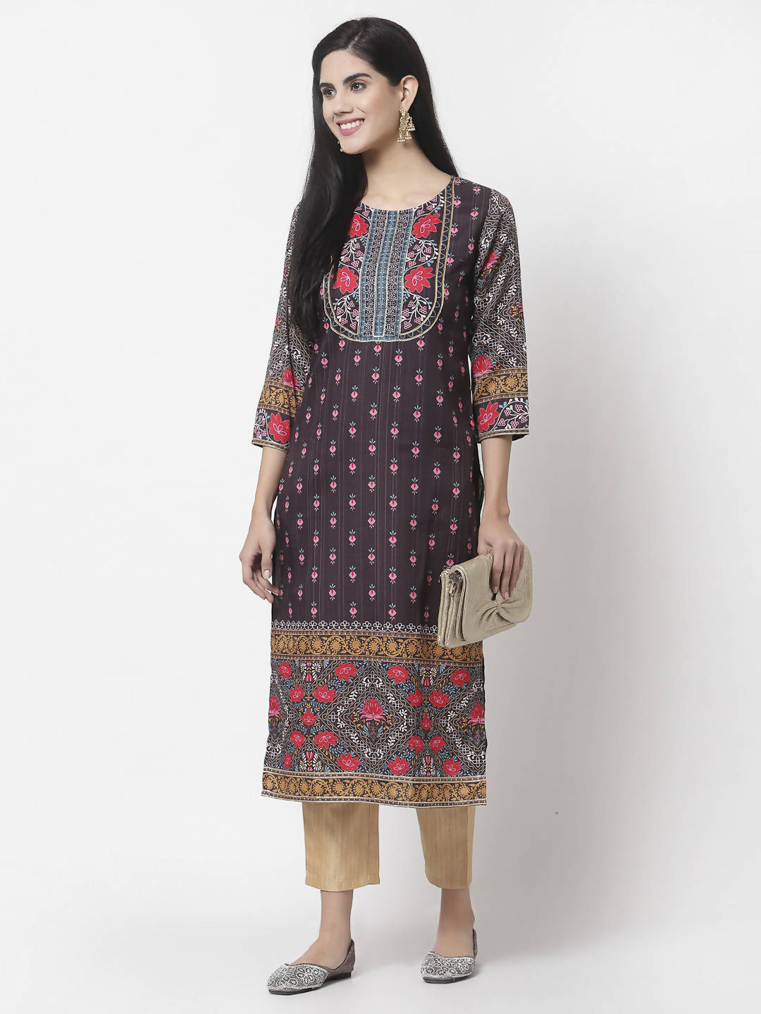 Myshka Women Multicolor Cotton Blend Printed 3/4 Sleeve Round Neck Kurta