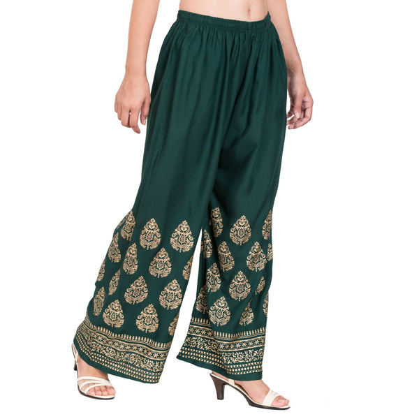 PAVONINE Bottle Green Color Golden Printed Rayon Fabric Sharara For Women & Girls - Distacart