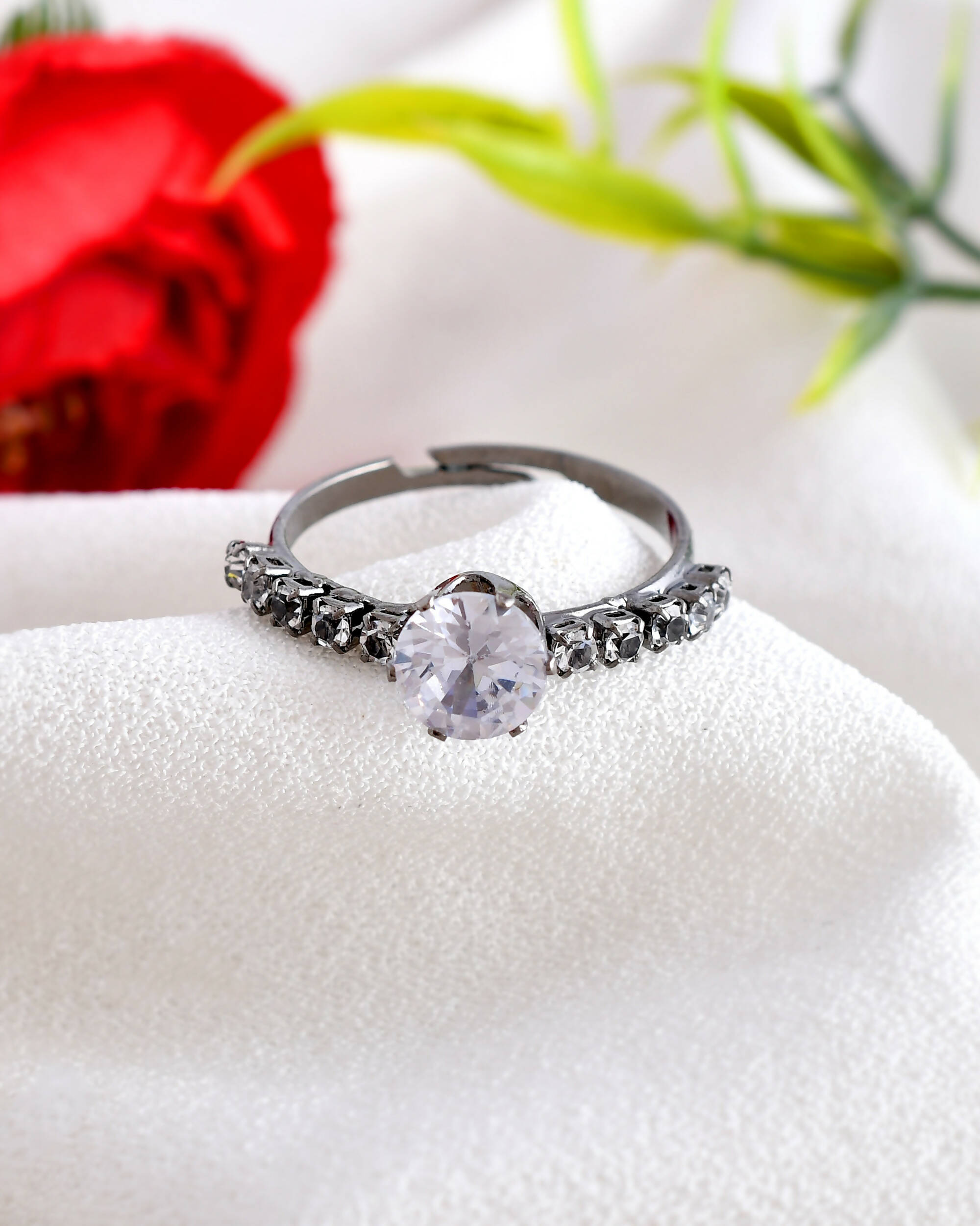 VOJ white CZ-detail Stainless Steel Cubic Zirconia Rhodium Plated Adjustable Finger Ring - Distacart