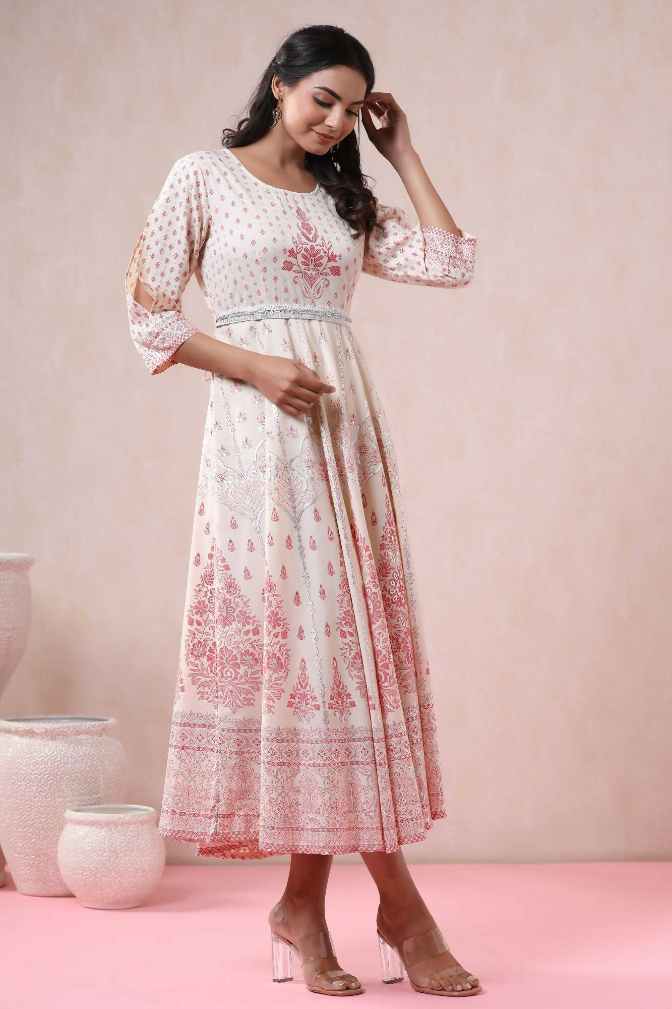 Juniper Women Ivory American Crepe Printed Flared Dress - Distacart