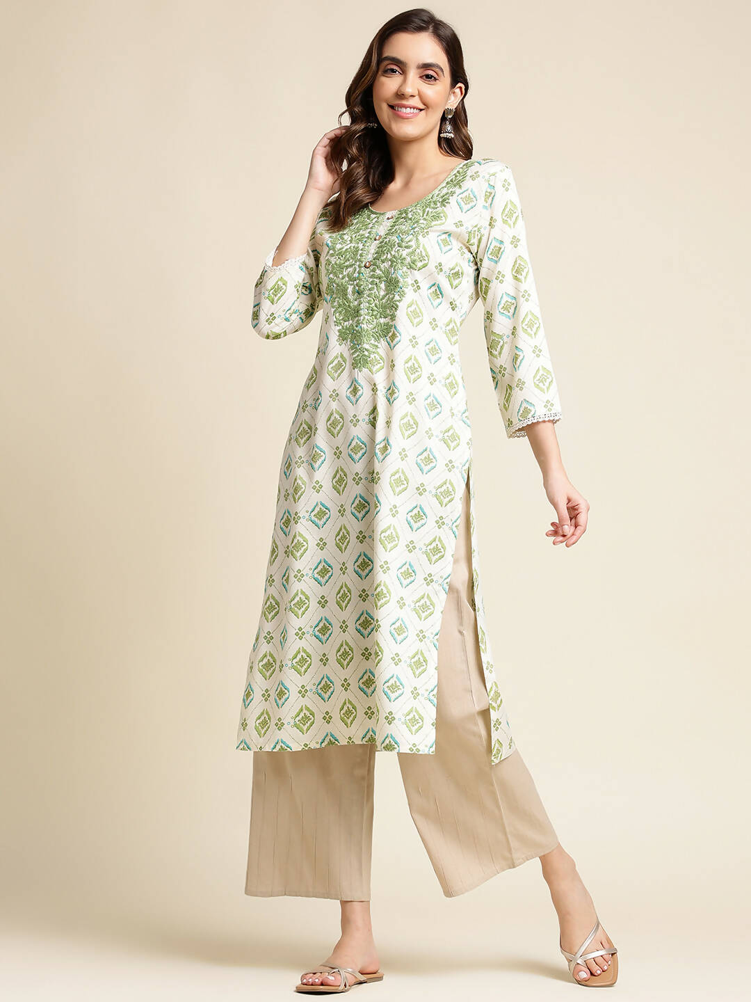 Green Poly Rayon Aztec Printed Straight Fit Kurta - Prasuti - Distacart