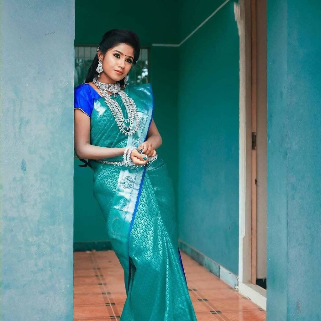DEIANA'S Beautiful Golden Jari with New Design Soft Lichi Silk Saree - Sky - Distacart