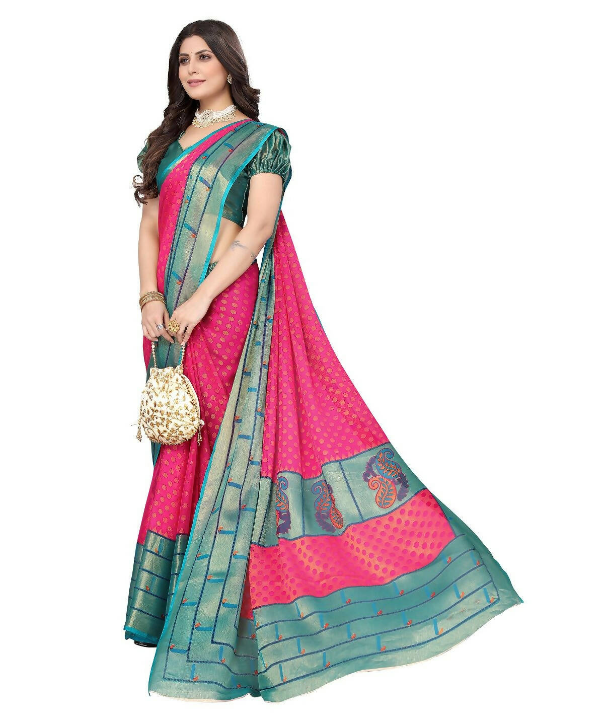 Vamika Pink Chiffon Brasso Bollywood Style Woven Saree (DIMPLE PINK) - Distacart