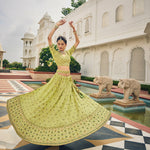 Thumbnail for Olive Green Heavy Viscose Khatli, Embroidery & Mirror Work Unstitched Lehenga Choli - Sisha Keshav - Distacart